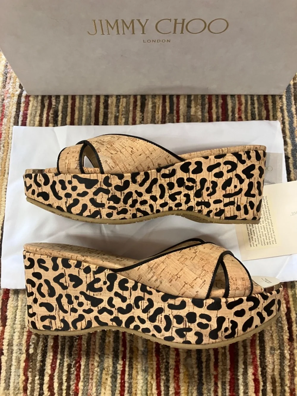 NEW Jimmy Choo USA 7 - Open Toe, Nude with Black Leopard Print, Cork Wedges